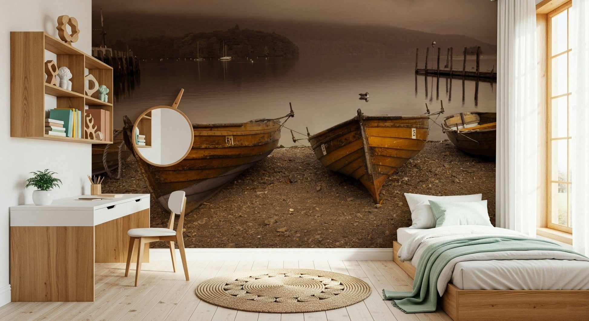 Historic dockyard wall mural, serene Lake Boats in Sepia photography.