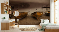 Historic dockyard wall mural, serene Lake Boats in Sepia photography.