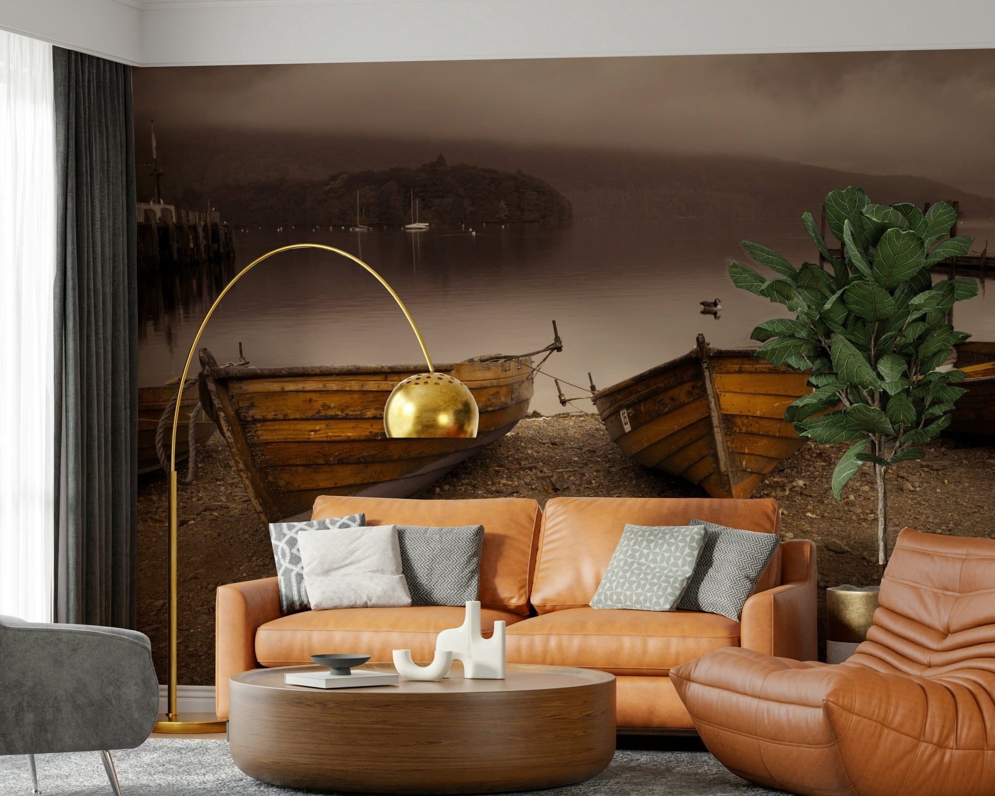 Lake Boats in Sepia Wooden rowboats on shingle near a misty lakeside.