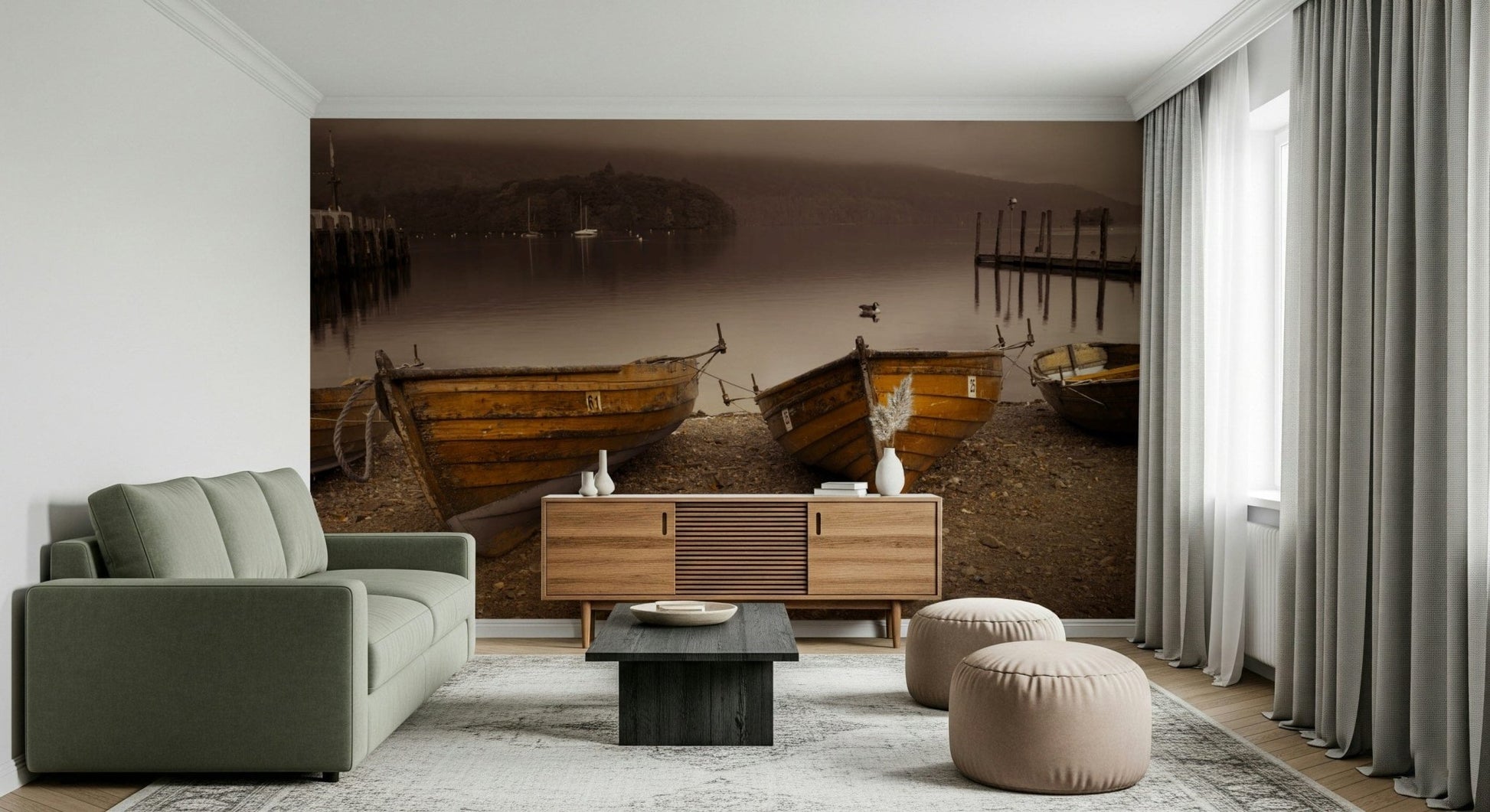 Lake Boats in Sepia Small dinghies pulled onto a gravel shoreline.