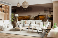 Moody Lake Boats in Sepia wallpaper mural, vintage shoreline.