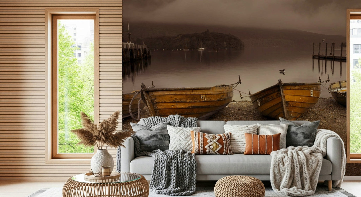 Lake Boats in Sepia wallpaper mural Calm lake scene under cloudy skies.