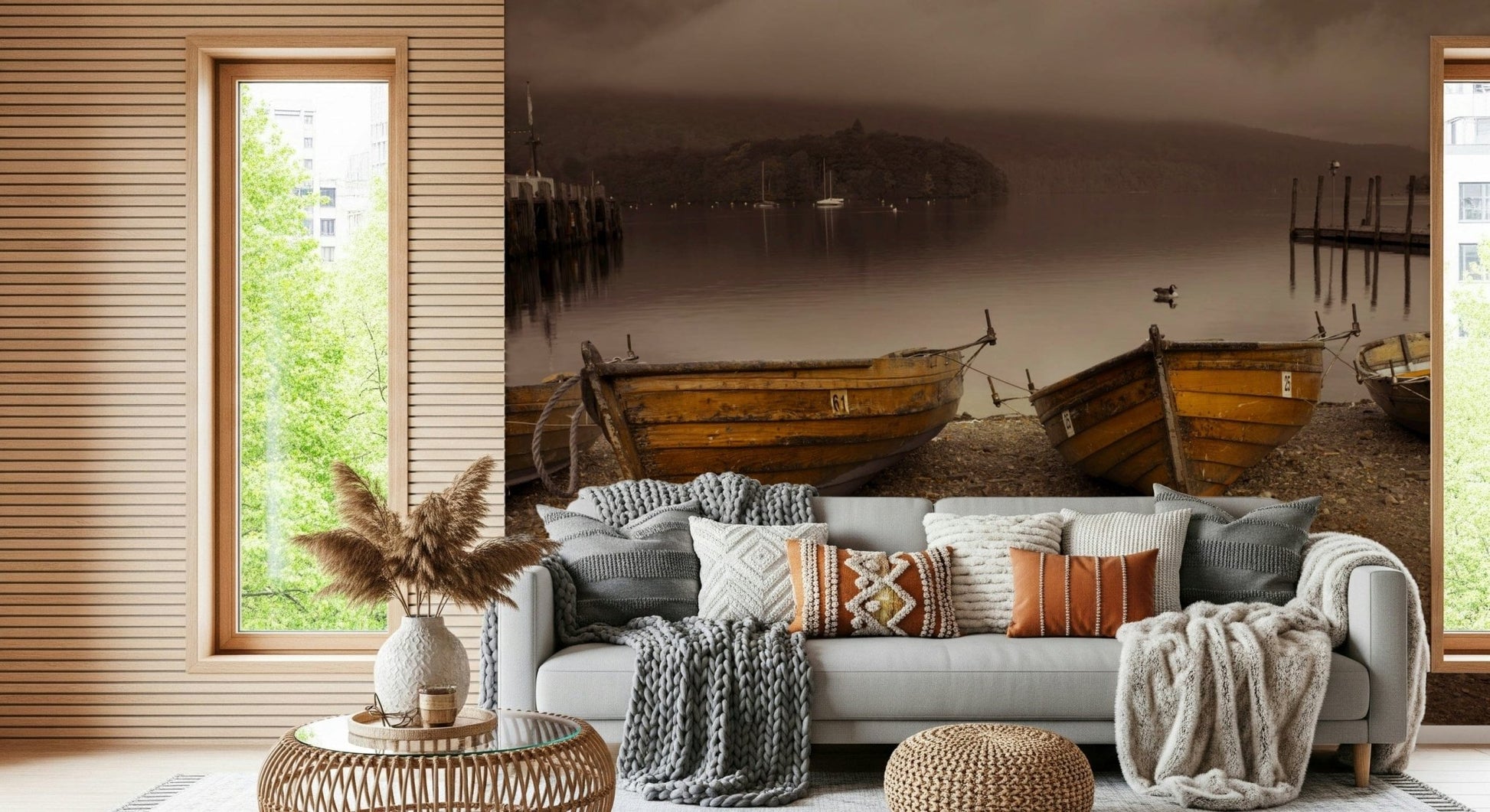 Lake Boats in Sepia wallpaper mural Calm lake scene under cloudy skies.