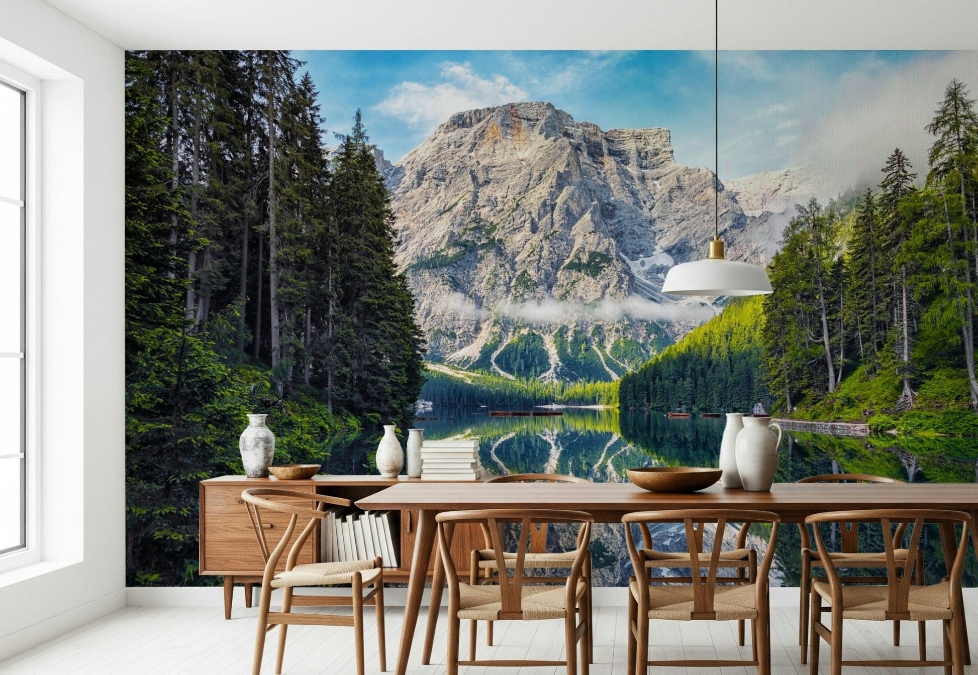 Italian alps Lake Braies Majesty wallpaper mural wall covering.