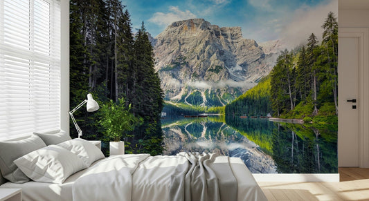 Morning mist Lake Braies Majesty wallpaper for walls mural.