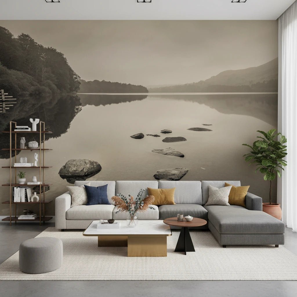 Living area space with Lake Calmness wall mural and serene reflection, GD8767