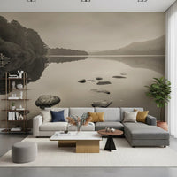 Living area space with Lake Calmness wall mural and serene reflection, GD8767