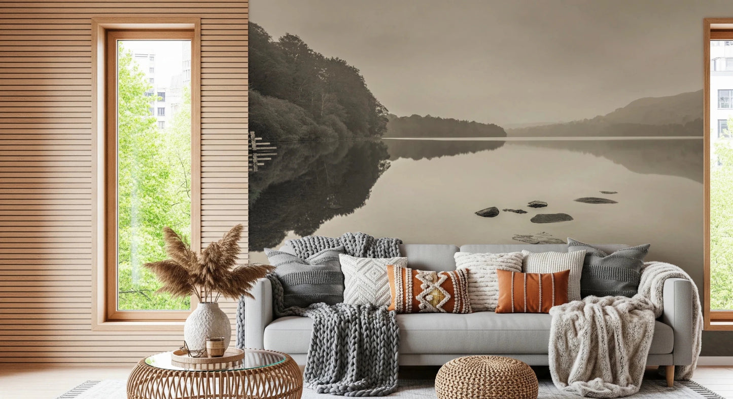 Lake Calmness mural with tree line and soft distant hills view, GD8767