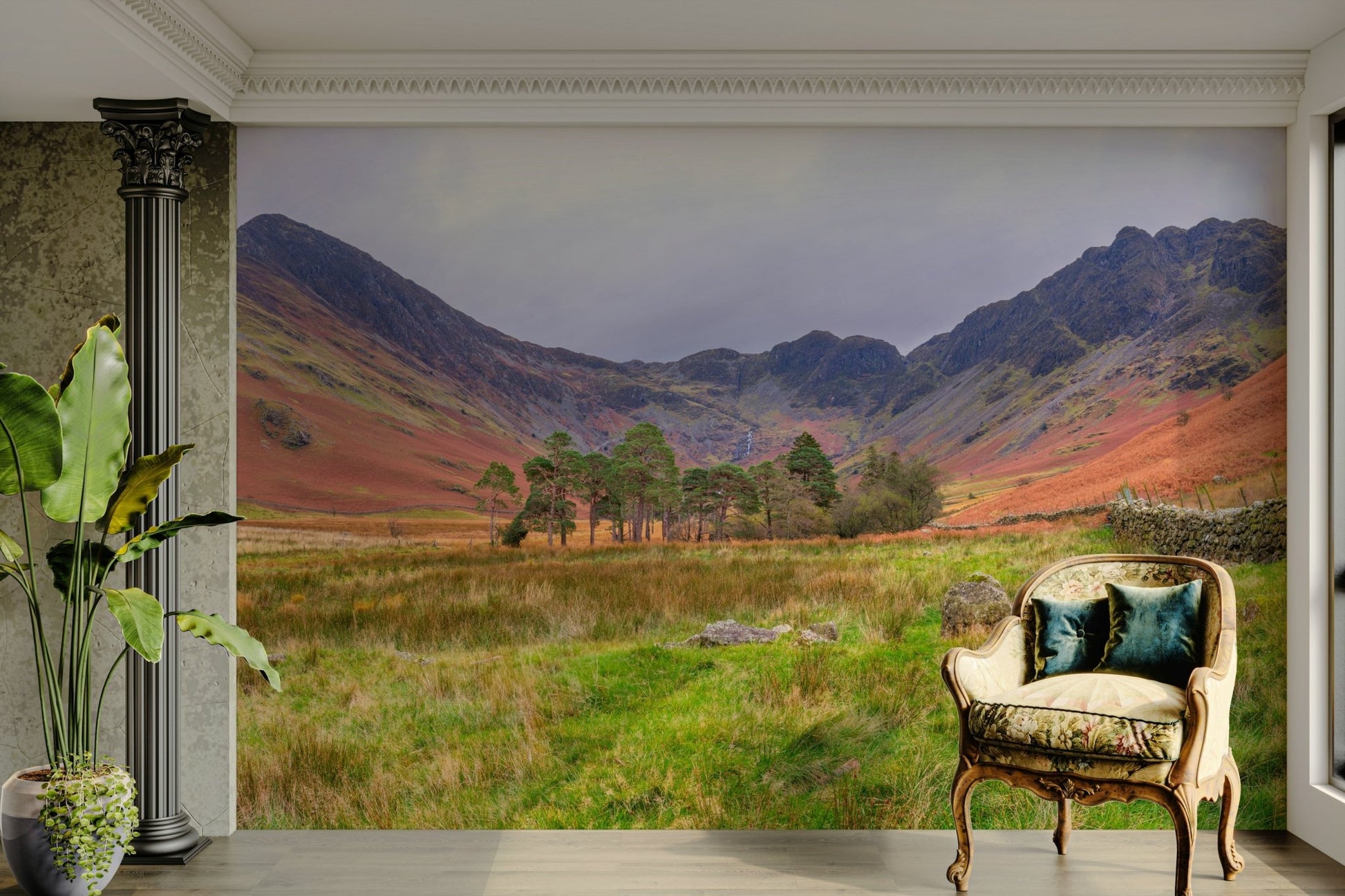 A living room featuring the scenic Lake District wall mural.

