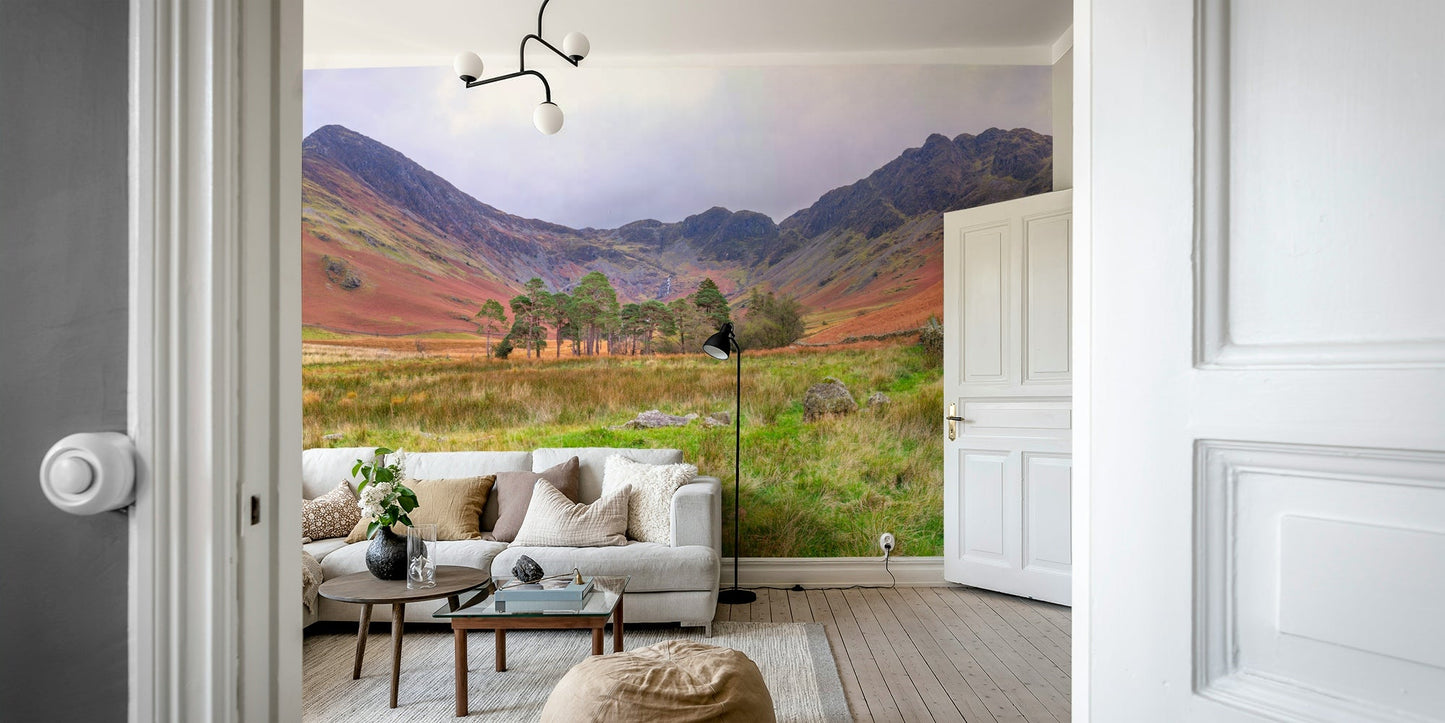 A minimalist interior with the landscape-themed wallpaper.

