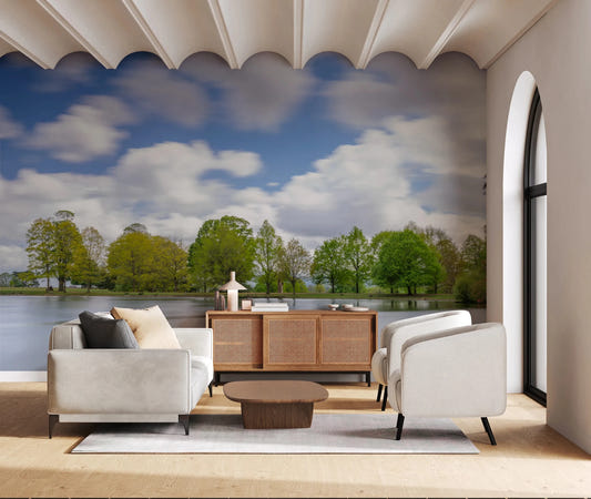 Living room styled with Lake Guardian Wall Mural and calm water reflections