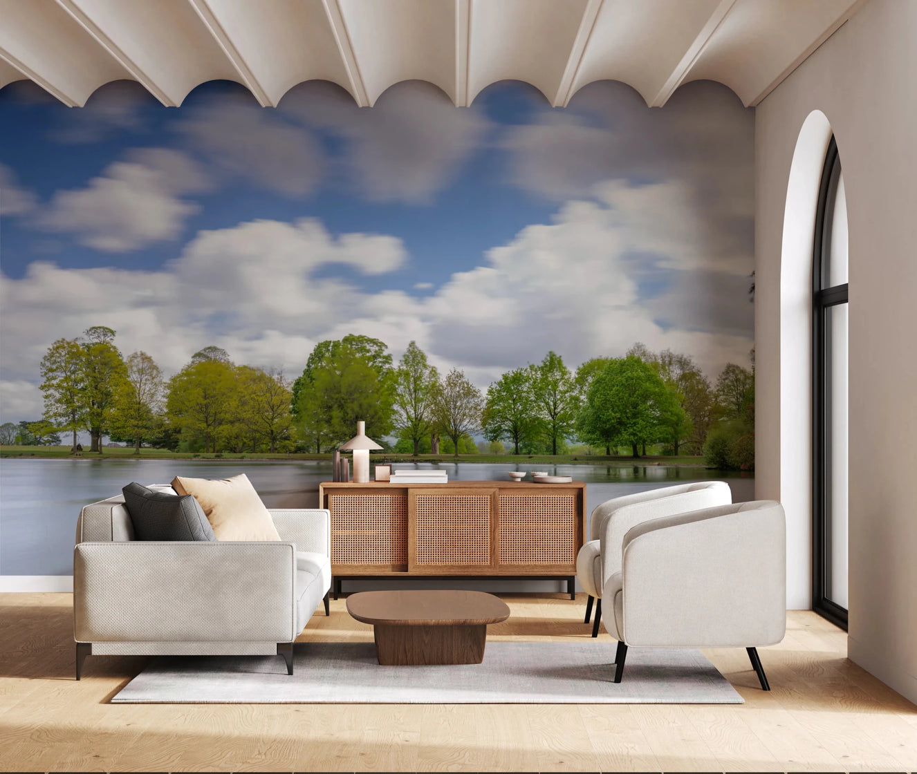 Living room styled with Lake Guardian Wall Mural and calm water reflections
