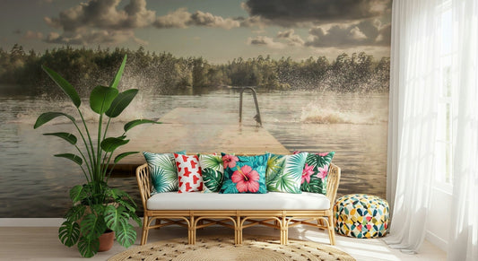 A beautiful vibrant lake jump wallpaper mural of people diving into water.