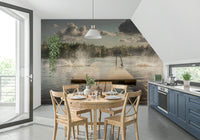A peaceful open country mural on decorative wallpaper.