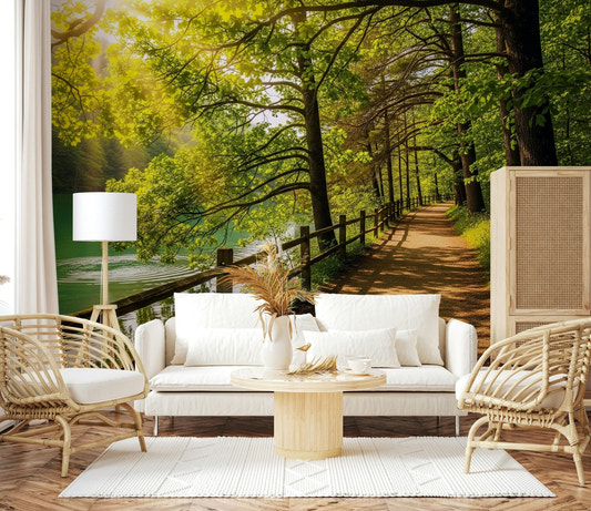 Lake Path Serenity Wall Mural in a minimalist bedroom setup wallpaper