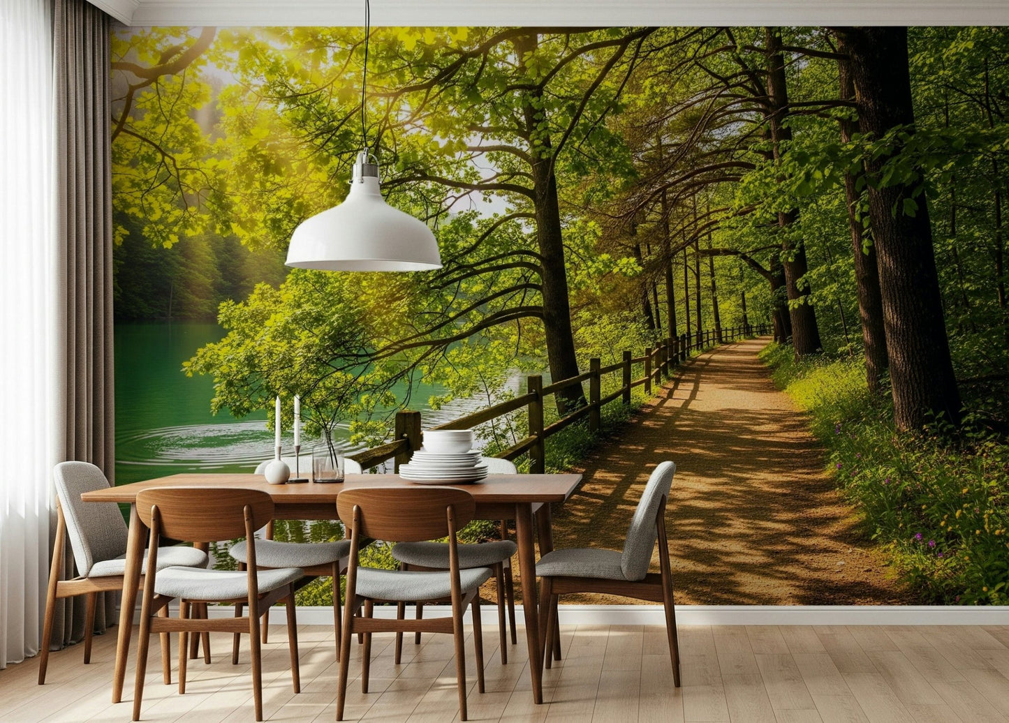 Peaceful lake view wall mural for a modern living room decor
