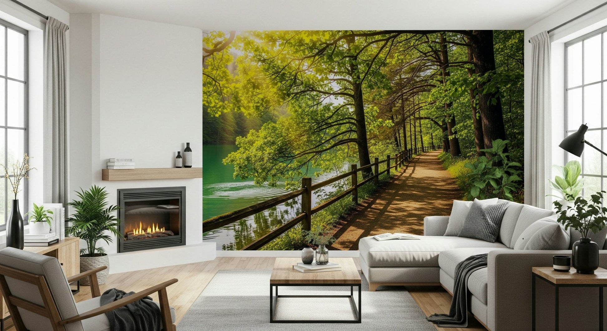 Lake Path Serenity Wall Mural in a bright guest room setting
