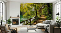 Lake Path Serenity Wall Mural in a bright guest room setting