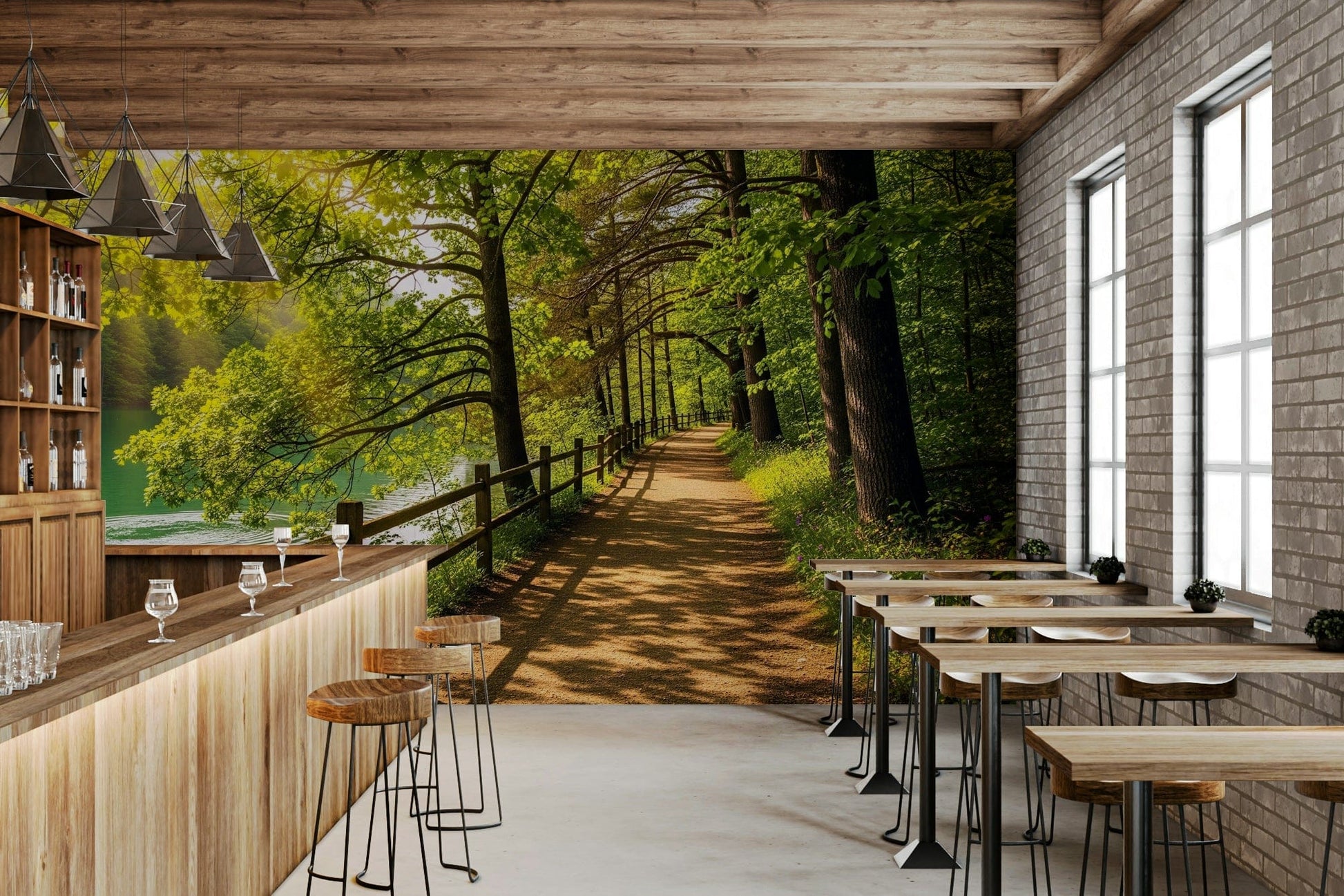 High definition lake path wall mural with soft green trees