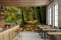 High definition lake path wall mural with soft green trees