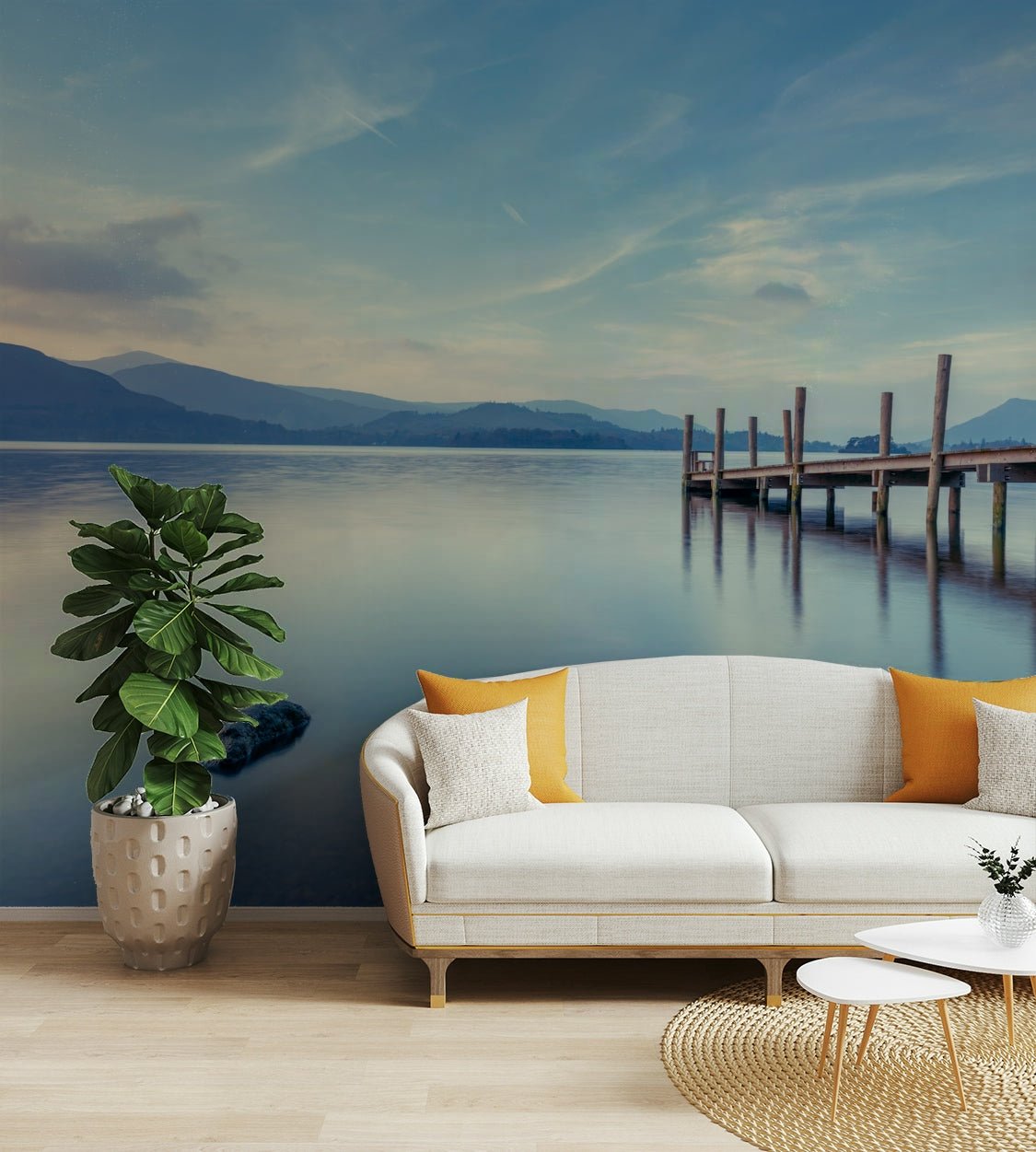 Wall decorated with lake art.

