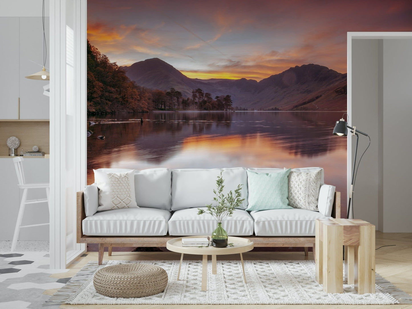 Lakeland Sunrise wall mural for a serene and airy feature wall design.
