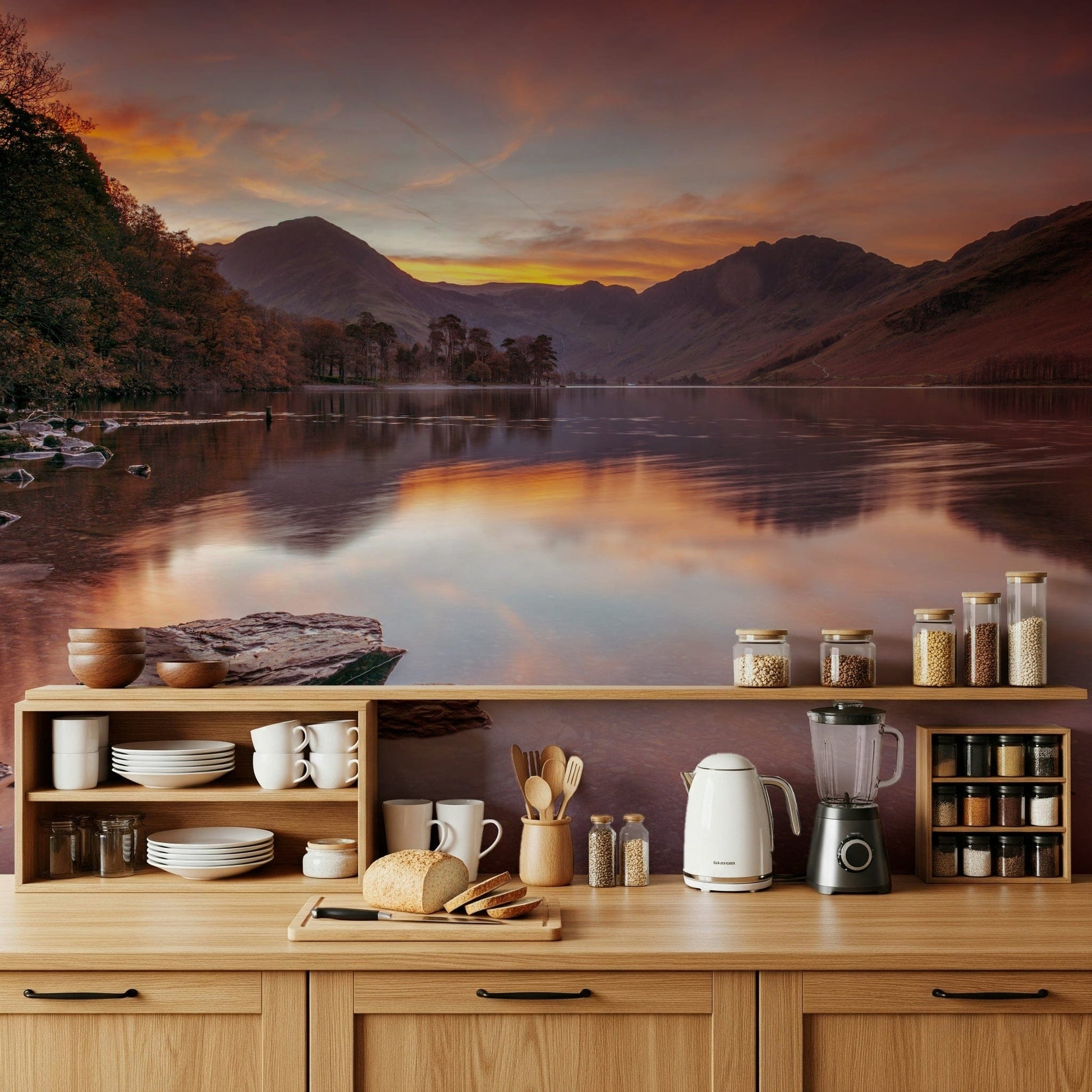 Botanical themed wallpaper capturing wild reeds by a sunlit lakeshore.