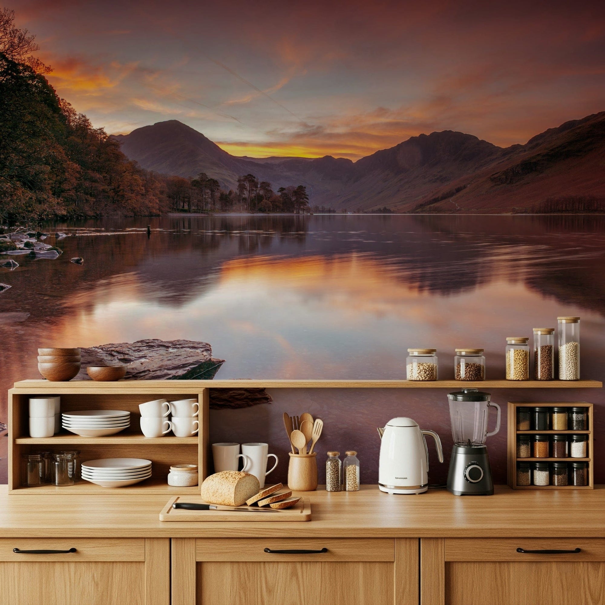 Botanical themed wallpaper capturing wild reeds by a sunlit lakeshore., GD7719