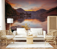 Peaceful lake wallpaper illustrating a quiet dawn in a hilly region.