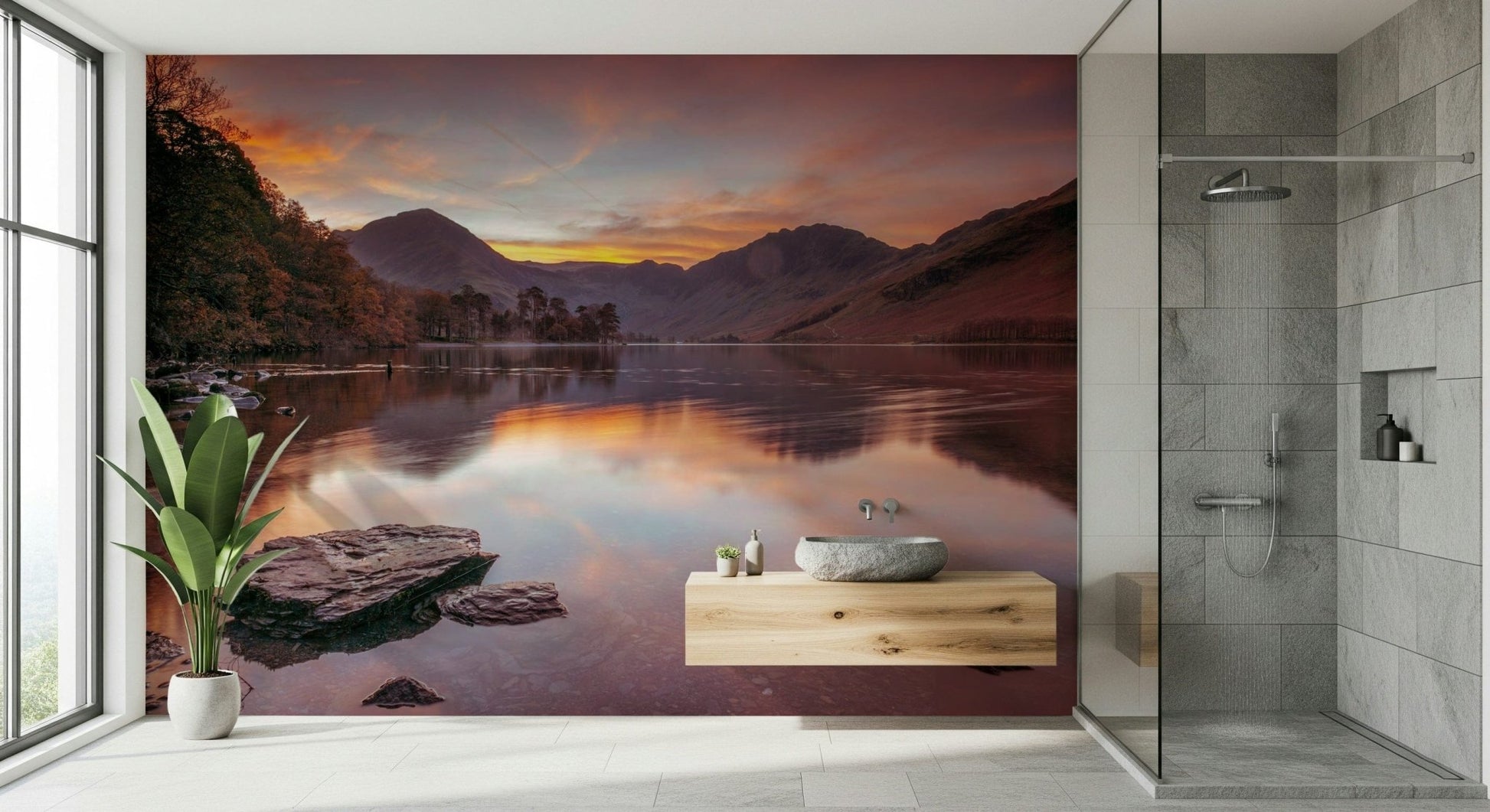 Nature landscape wall mural with orange and purple sky reflections.