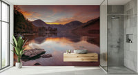 Nature landscape wall mural with orange and purple sky reflections.