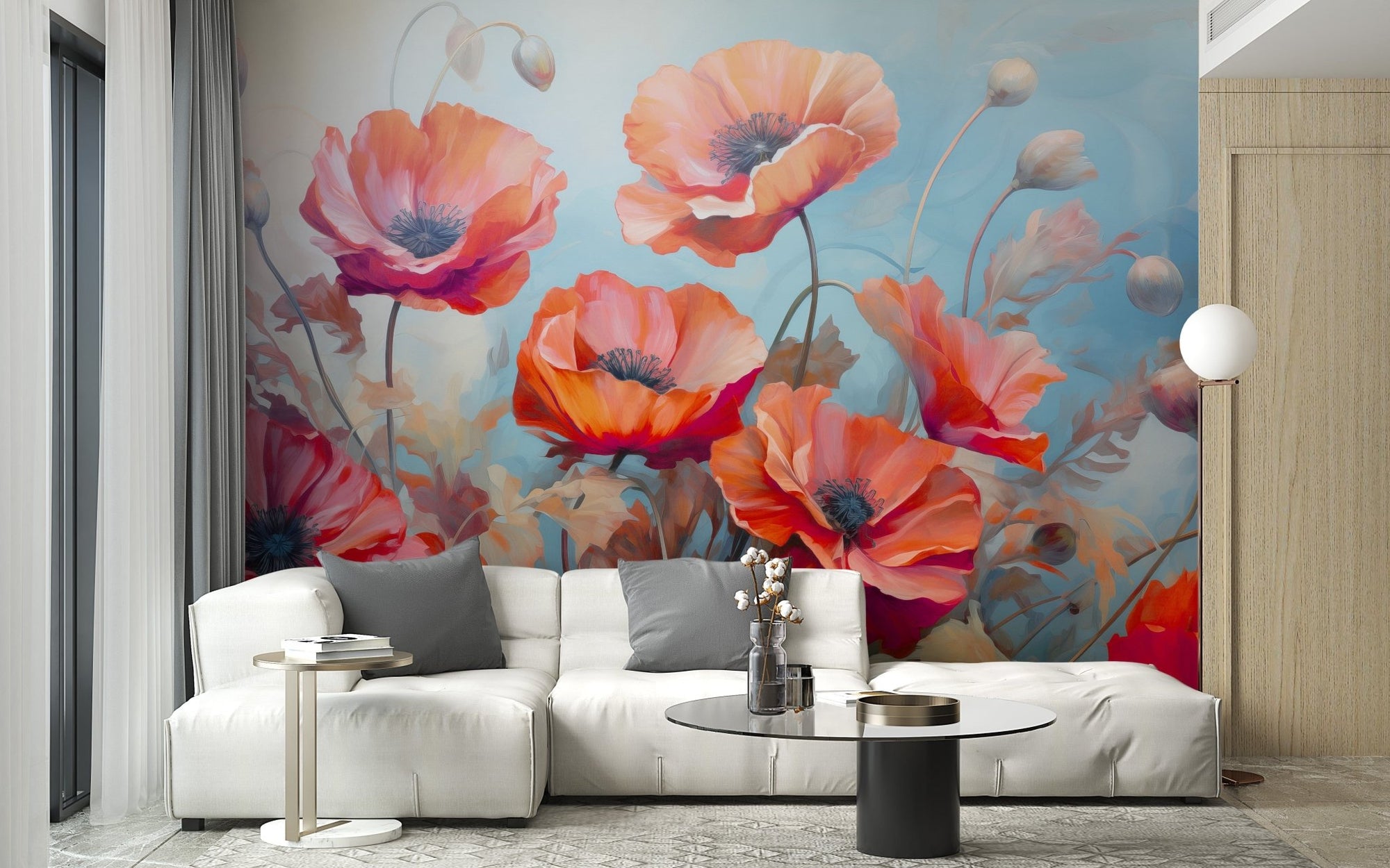 Wild poppies red and blue flower wallpaper for a vibrant room design. DTIL39