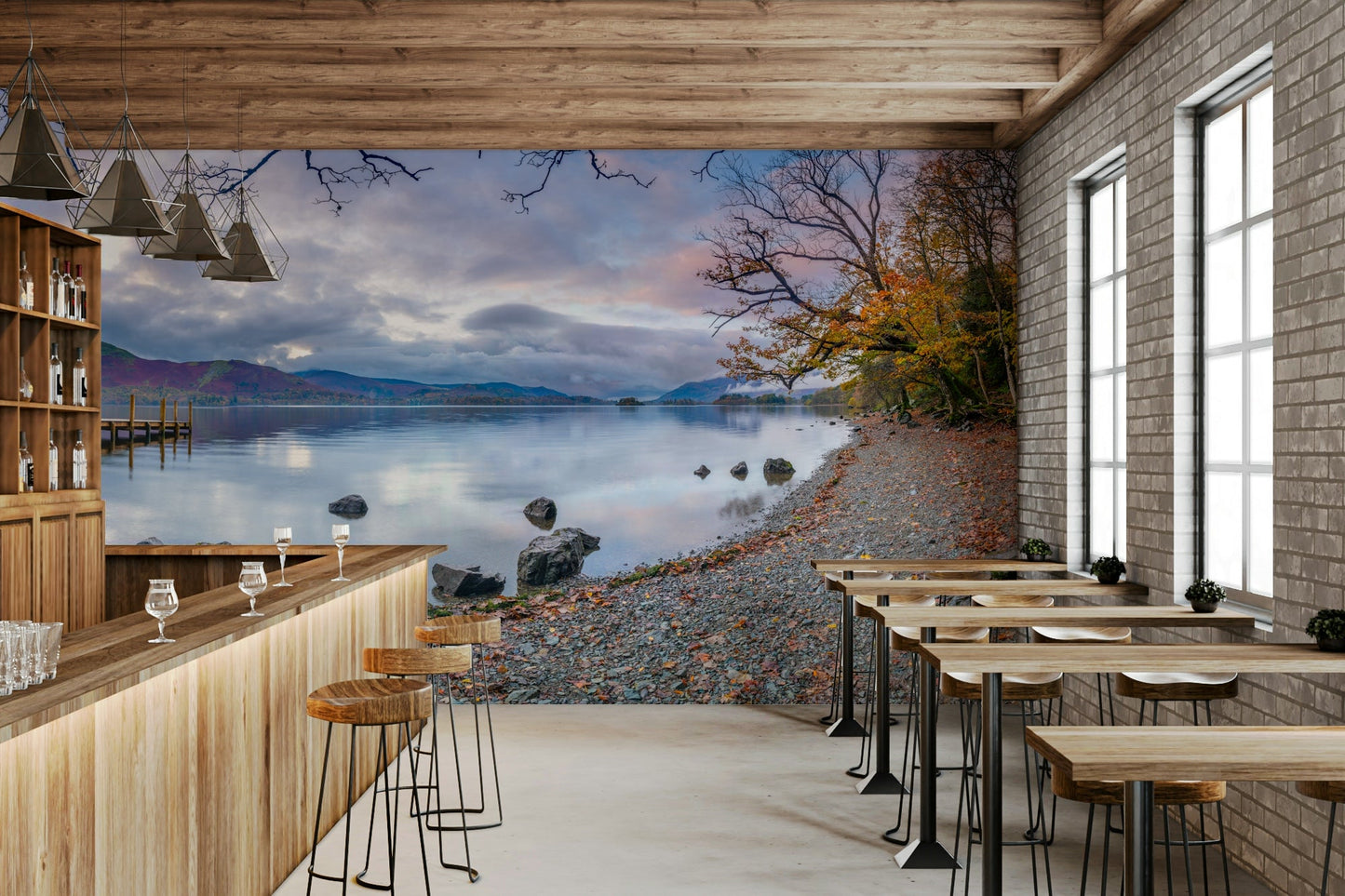 A wall mural of a peaceful lake.

