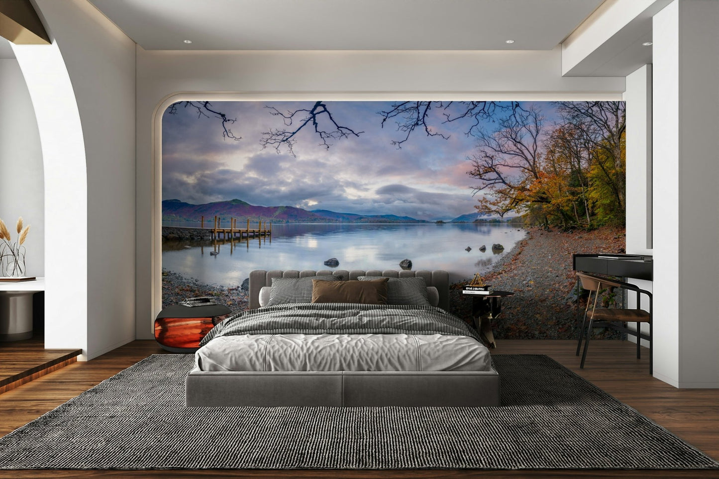 There are some tree branches in the water in the foreground.

