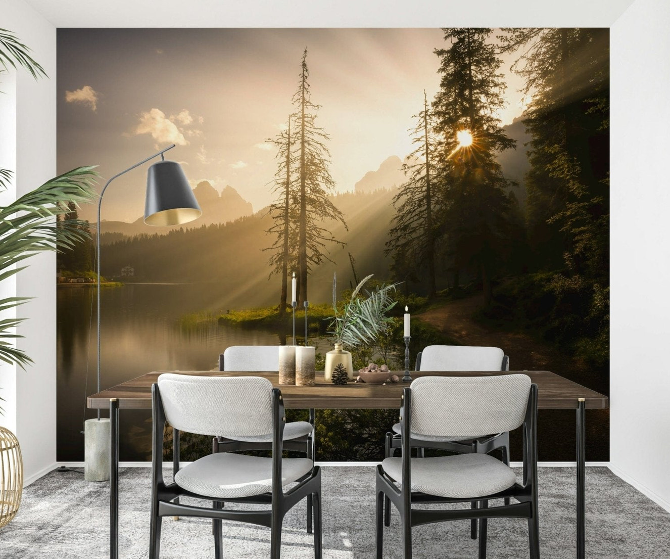 Dining room styled with Lakeside Radiance wall mural and warm forest sunlight