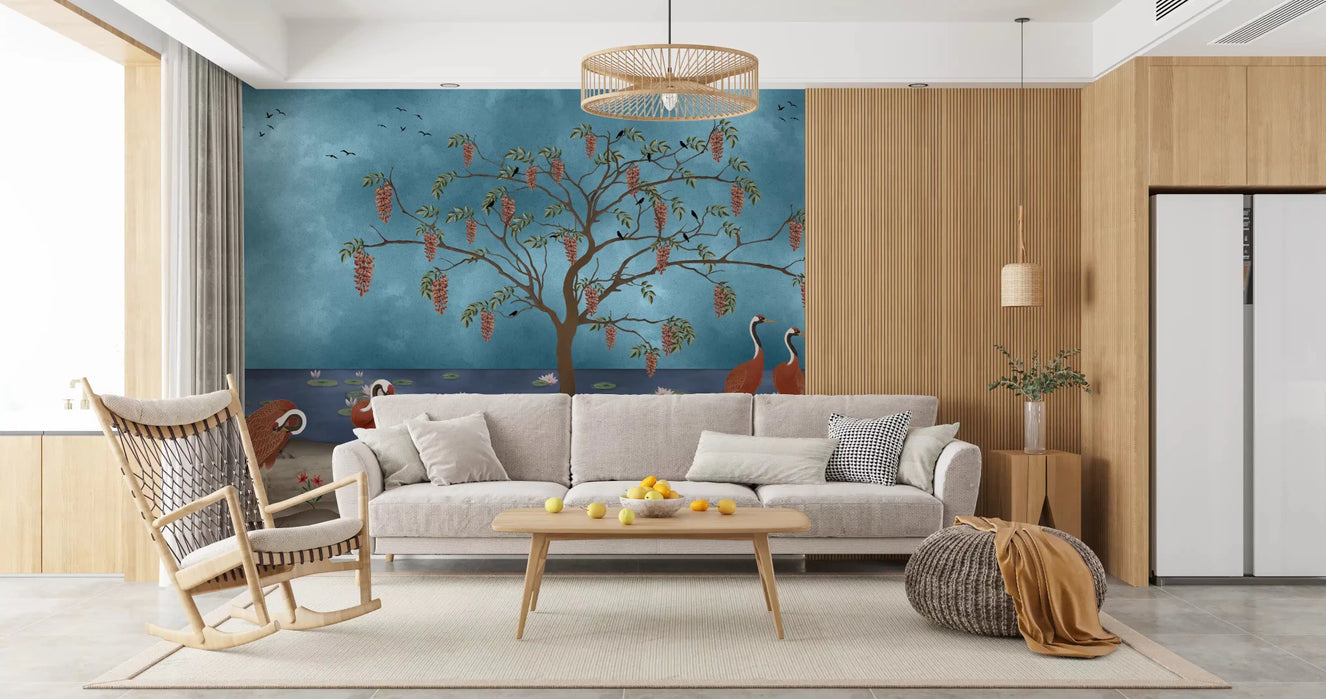 Lakeside Reverie: Cranes & Wisteria Wall Mural