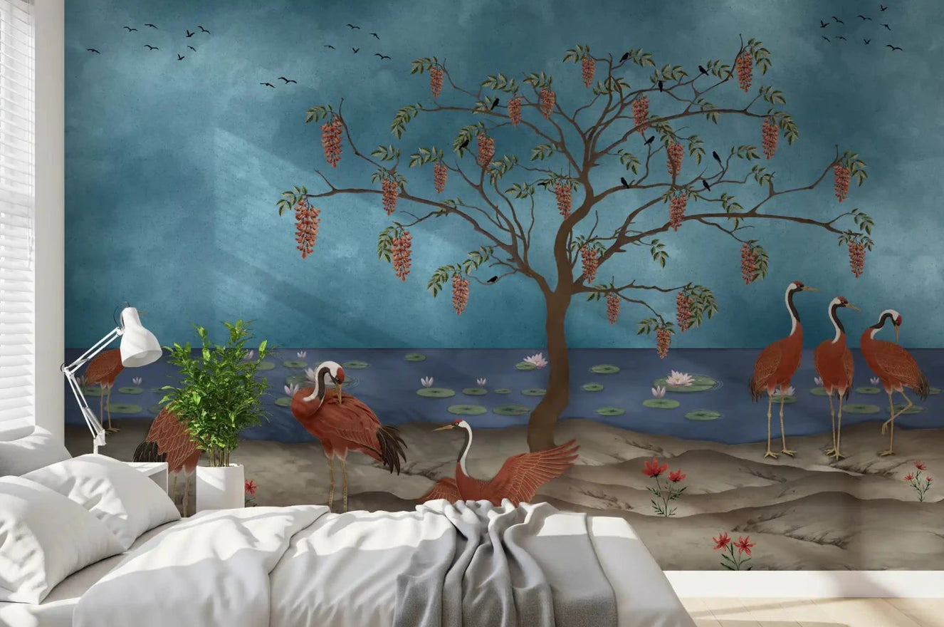 Bedroom shows Lakeside Reverie Cranes Wall Mural with blue water