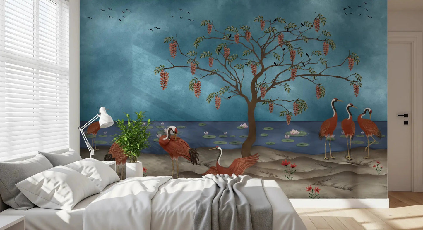 Lakeside Reverie: Cranes & Wisteria Wall Mural