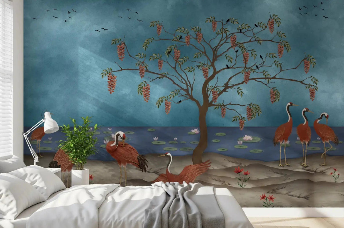 Bedroom shows Lakeside Reverie Cranes Wall Mural with blue water, GD8999