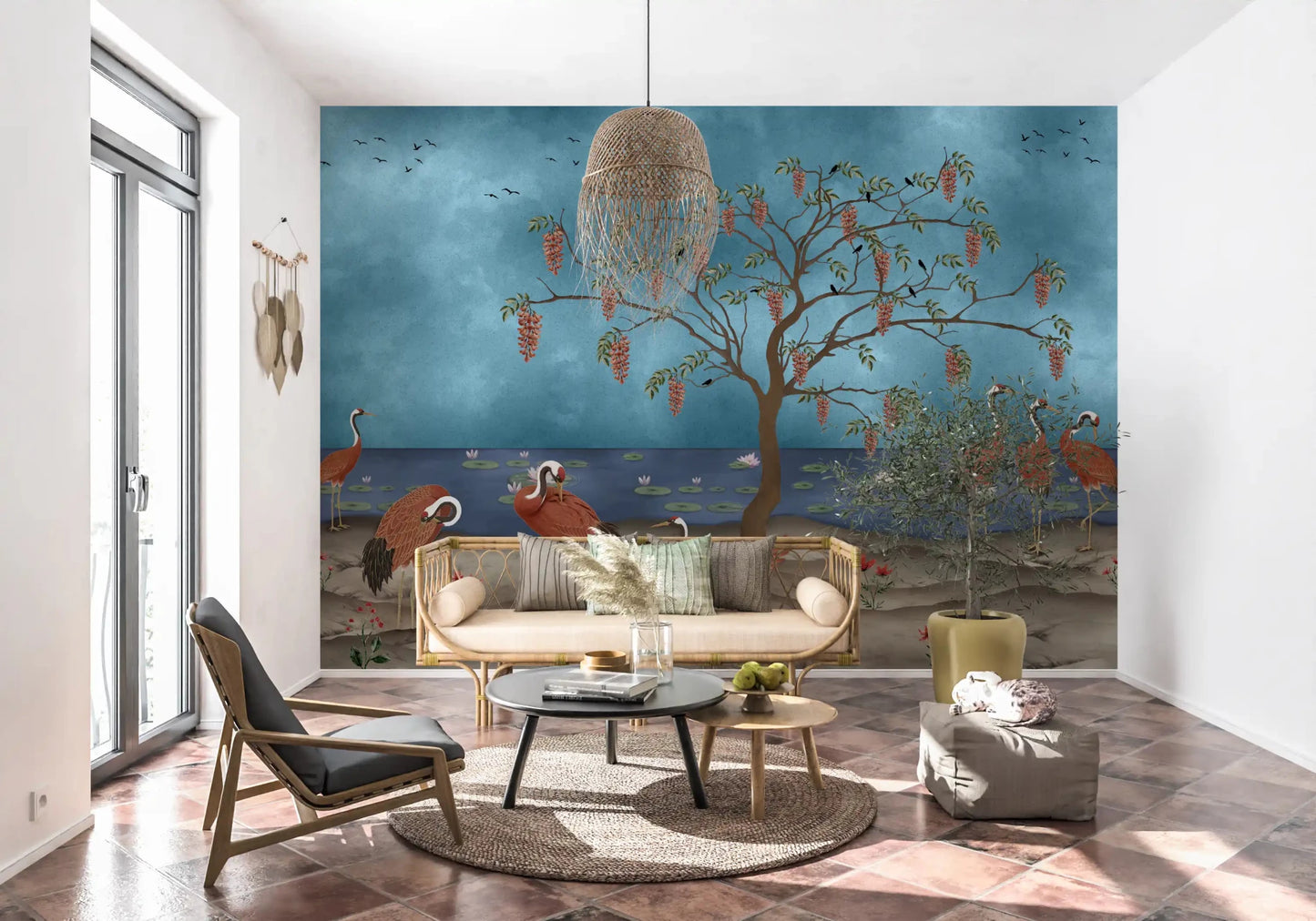 Lakeside Reverie: Cranes & Wisteria Wall Mural