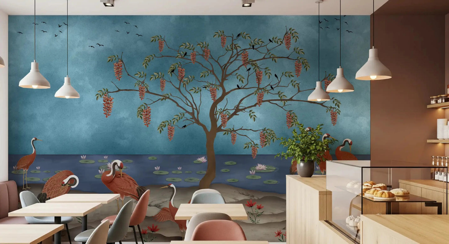 Lakeside Reverie: Cranes & Wisteria Wall Mural