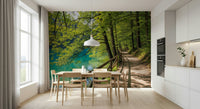 Lakeside Serenity wall mural featuring a mountain backdrop in an office.