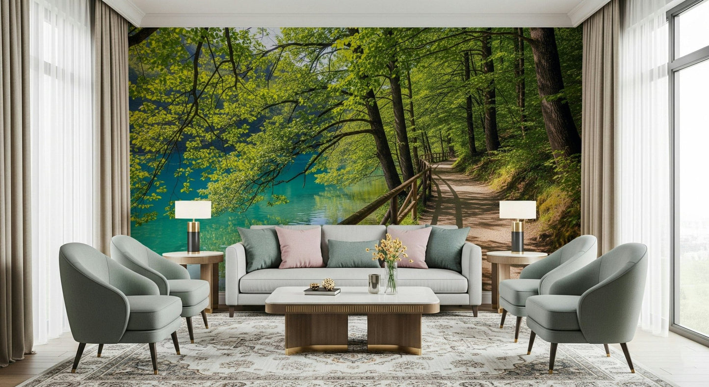Misty lake wallpaper for a minimalist dining area feature wall.