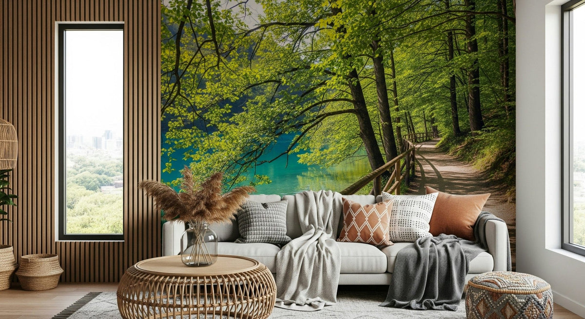 Lakeside Serenity wall mural in a modern living room with soft blue tones., GD7827