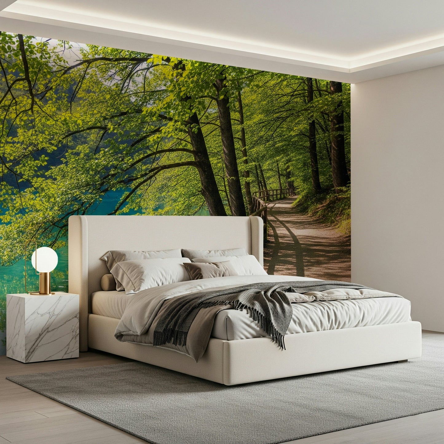 Tranquil lakeside wallpaper for a cozy reading nook or home study.