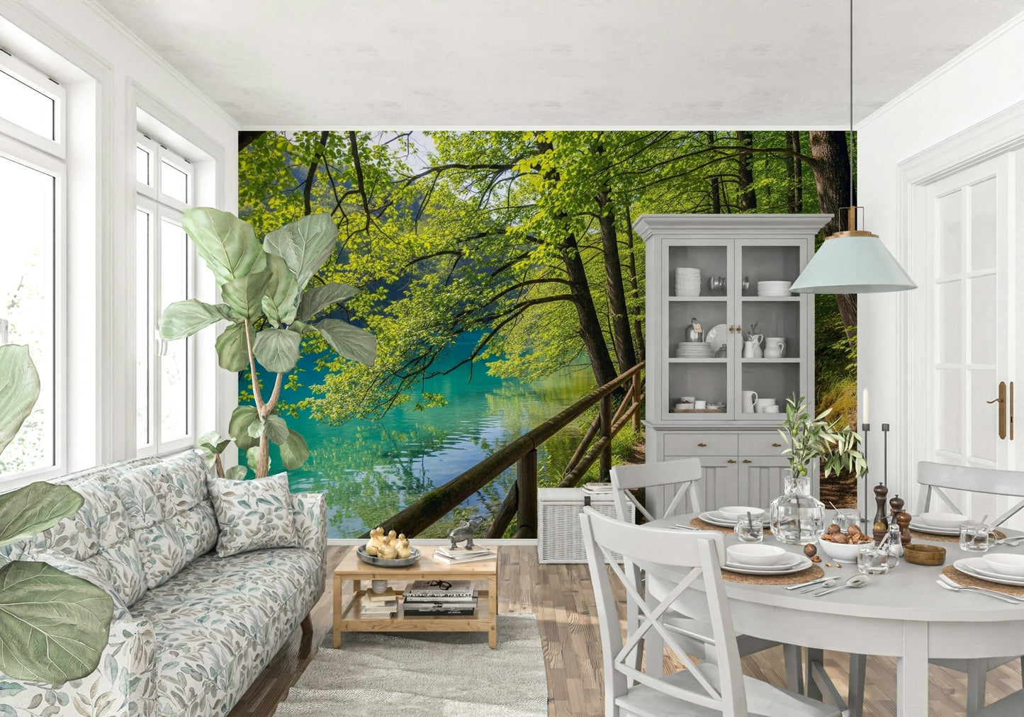 Calm water wallpaper for a serene bedroom feature wall design.