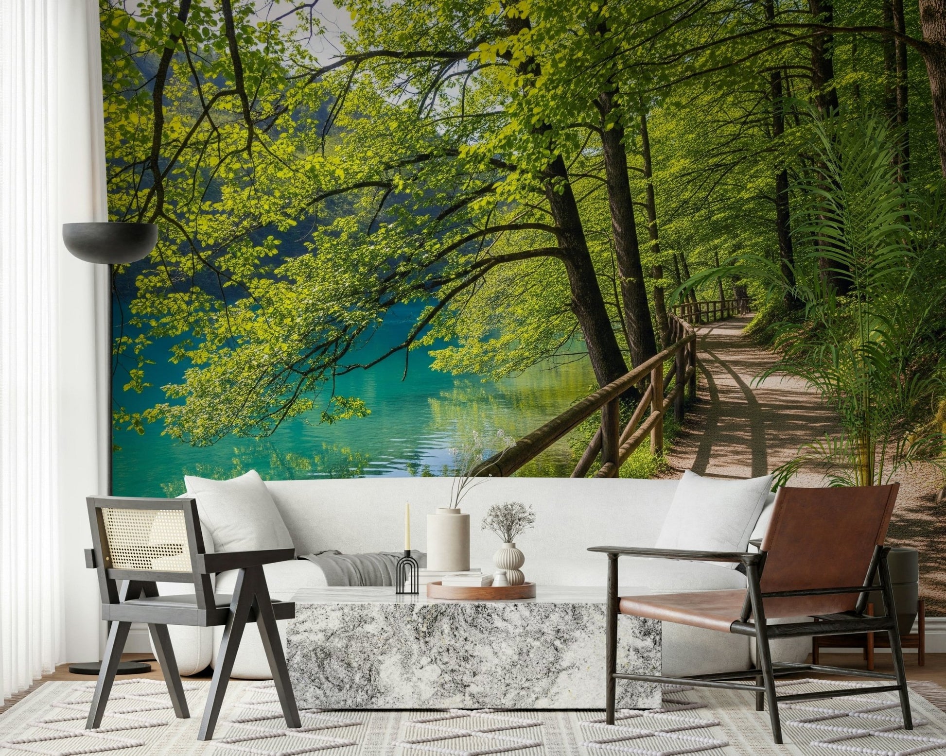 Lakeside Serenity wall mural in a bright hallway with wooden flooring.