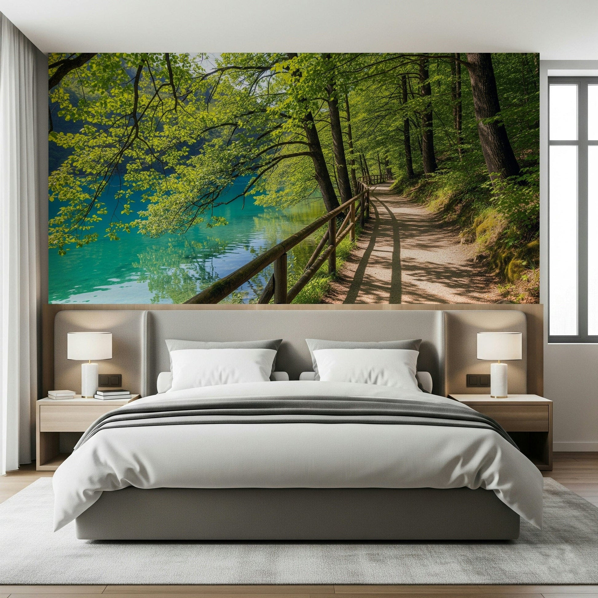 Natural landscape wallpaper for a contemporary apartment lounge space.