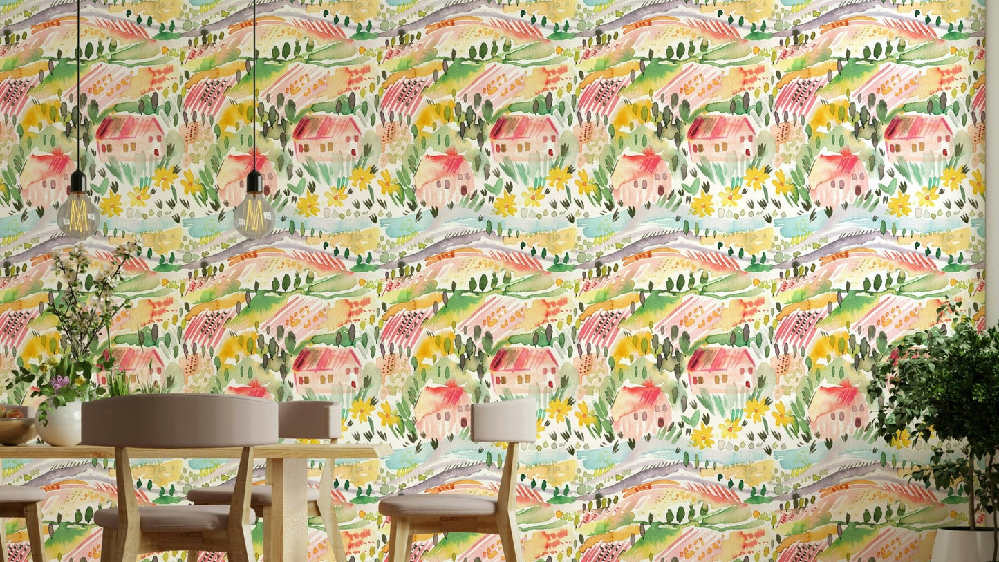Landscape Tuscany Watercolor Wallpaper⁠