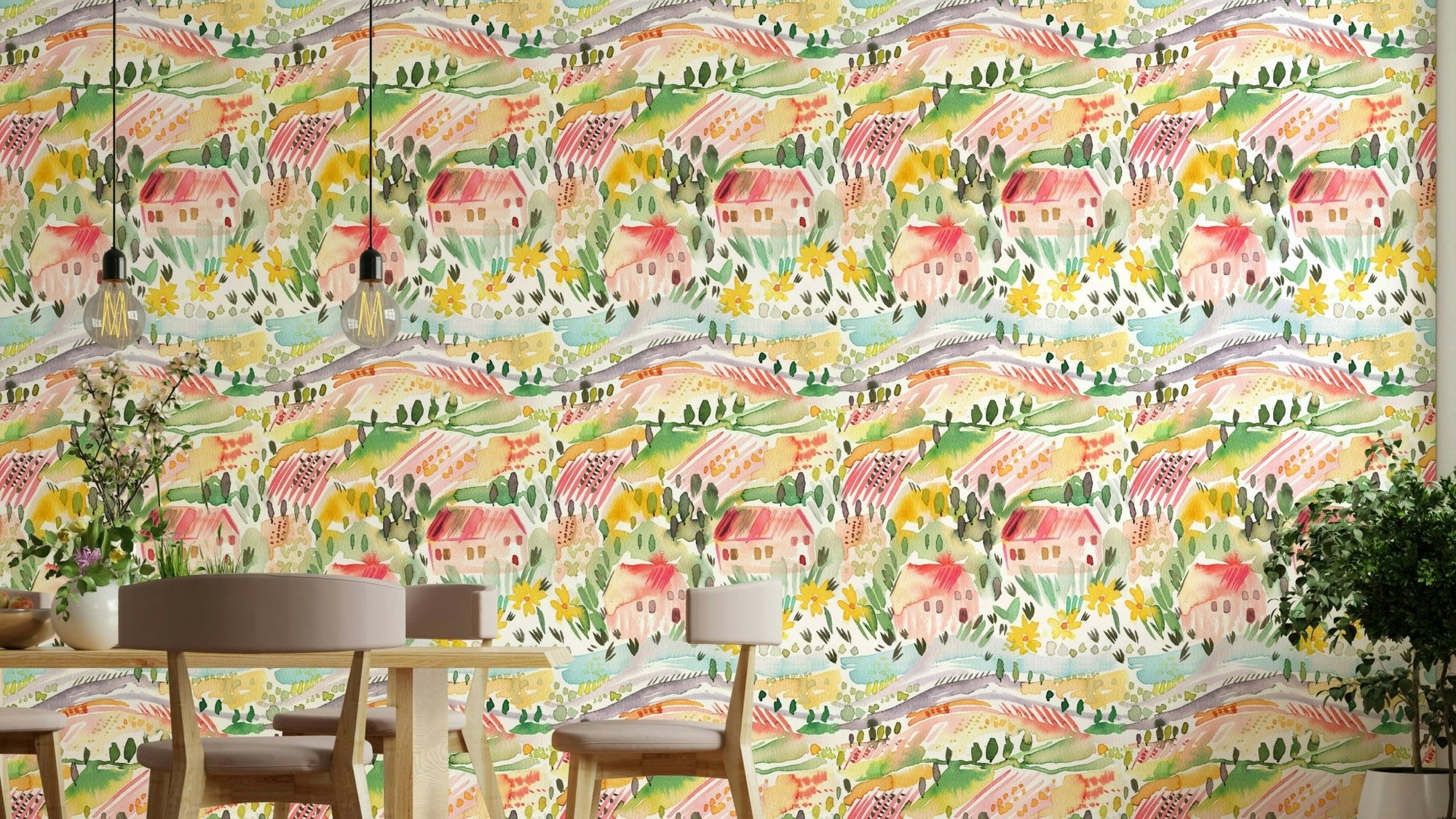 Landscape Tuscany Watercolor Wallpaper⁠